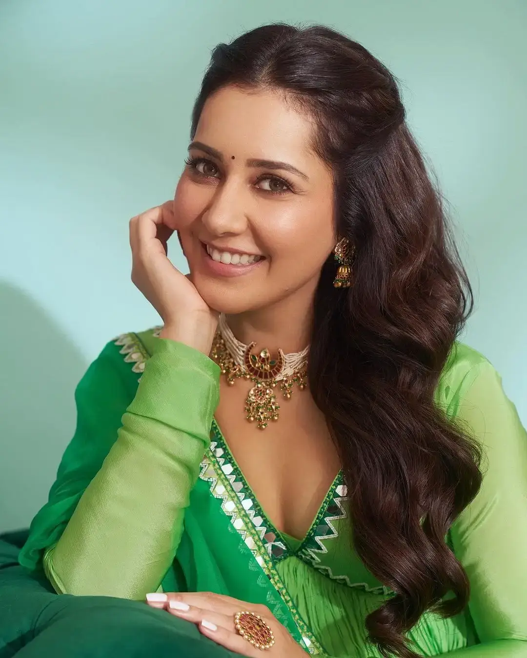 Indian Actress Raashi Khanna in Embroidered Green Dress